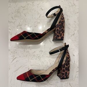 Marc Fisher Tartan Plaid Leopard Ankle Strap Block Heels 6